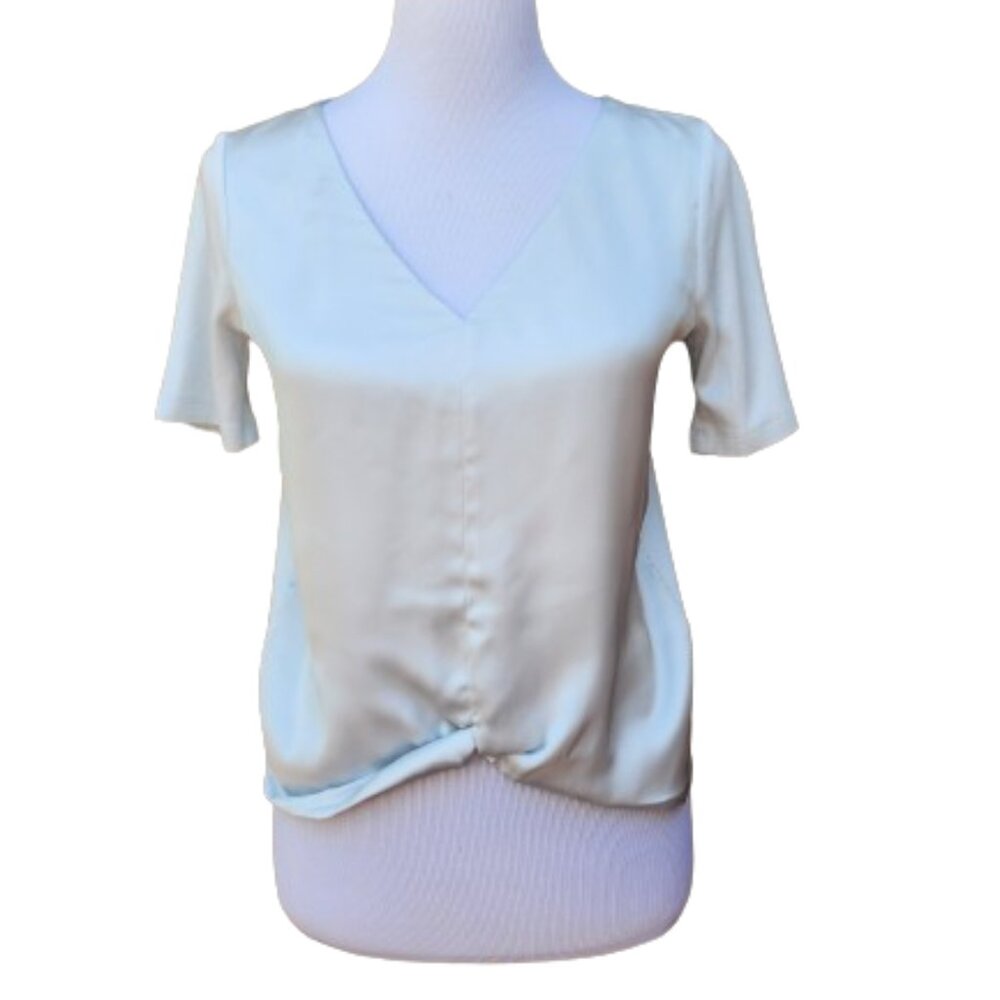 Club Monaco Sheylena Blouse Light Baby Blue Mixed Media Satin Twist Hem